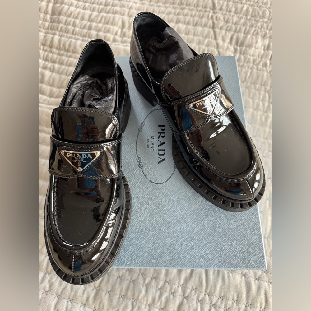 Prada Black Shiny Loafers. Worn once. Looks like new